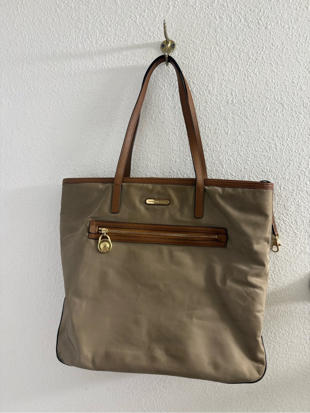 Michael Kors Taupe Tote with Brown Leather Trim and Gold Hardware